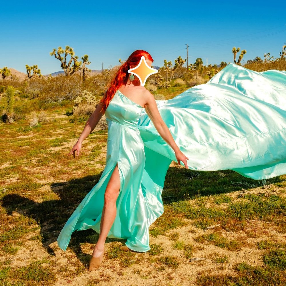 Teal "flying" dress for outdoor photoshoot